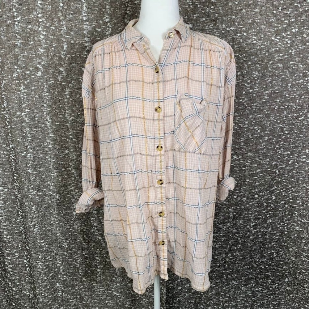 Free People Shimmer Plaid Top Long Sleeve Button Up Boho Women's Medium